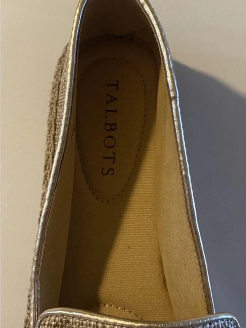 Talbots Size 8 New Izzy Tan Gold Espadrilles Linen Metallic Slip On Flat Shoes